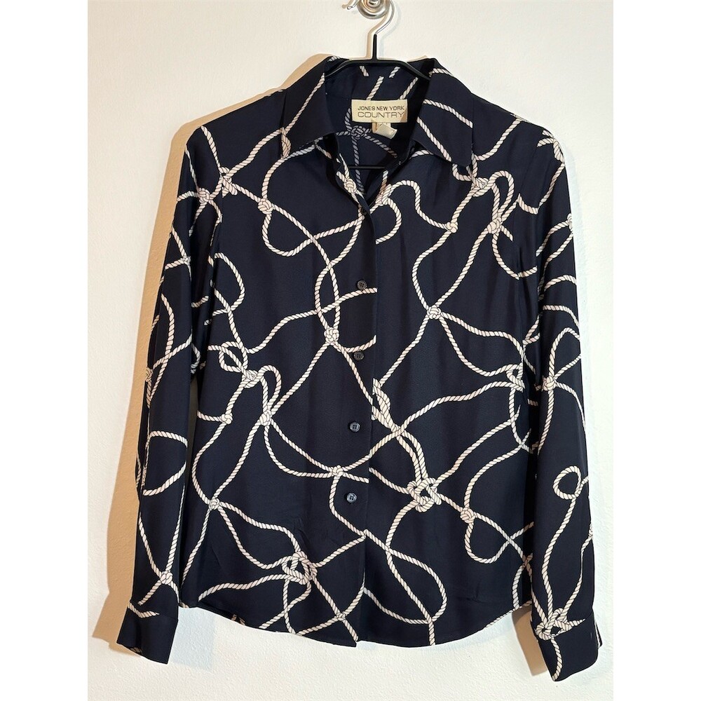 Jones New York Country Blouse Womens Size 4 Blue Nautical Button Front